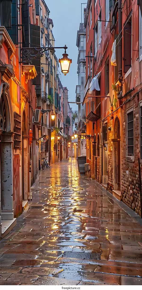 Narrow Street in Venice Italy with cobblestone street and buildings