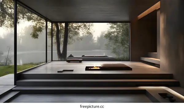 Minimalist Interior Design with Fire Pit and Large Windows