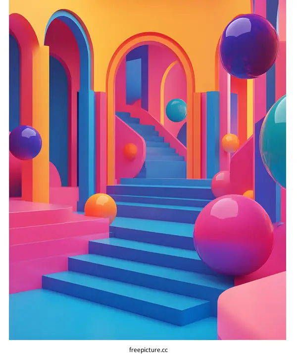 Abstract 3D Illustration of Stairs and Spheres in a Brightly Colored Room