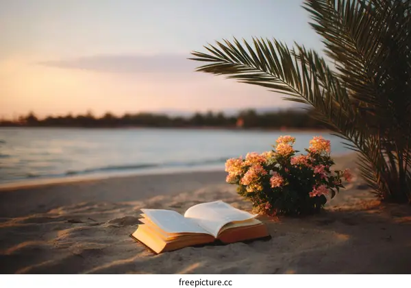 Beach Sunset Reading with Flowers and Palm Tree