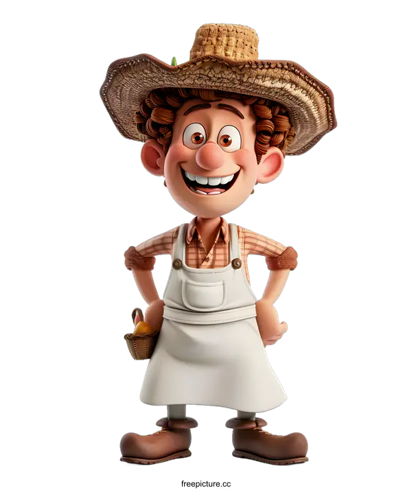[Transparent Background PNG]curly brown hair man with freckles wearing a straw hat, brown vest, and brown pants