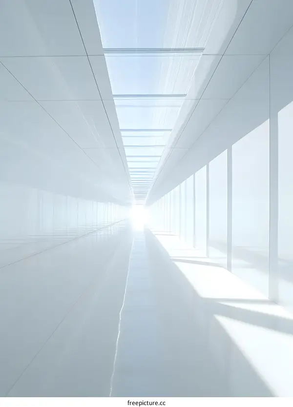 White Hallway With Glass Ceiling And Light Shining Through