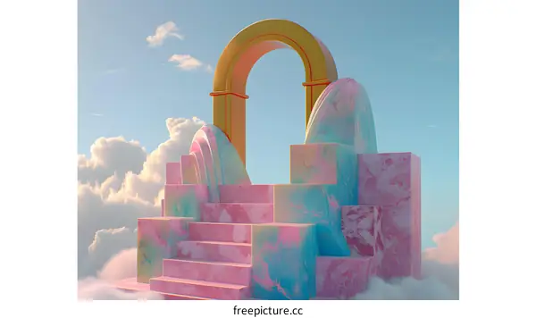 3D Render of Abstract Architecture with Marble Steps and Golden Arch