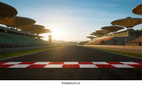Sunlit Formula One racing track with grandstands and checkered line