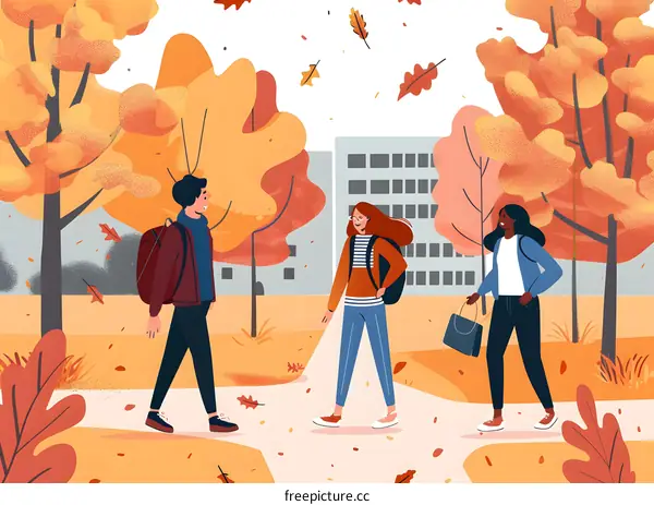 Autumn Leaves Falling in Park With Three Friends