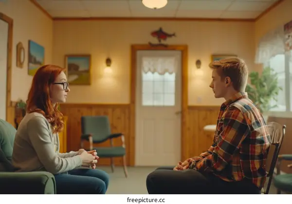 Two people having a conversation in a living room