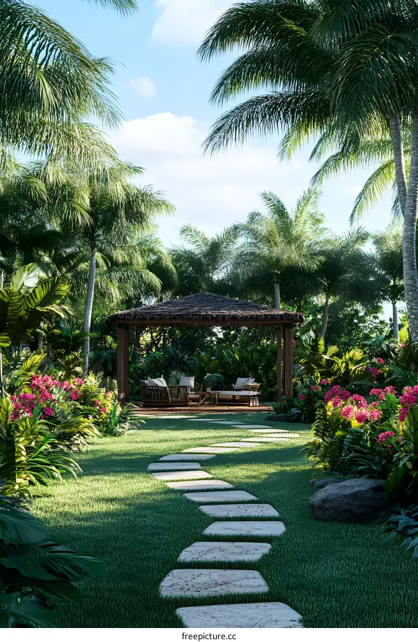 Tropical Garden Landscape with Stone Pathway and Gazebo