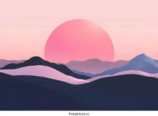 Abstract Minimalist Mountain Landscape with Pink Sunset