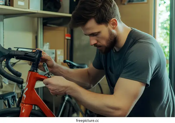 Man Repairing a Red Bicycle in Workshop