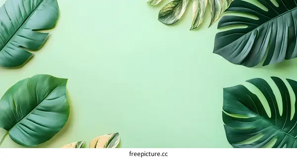 Tropical Green Leaves on Light Green Background
