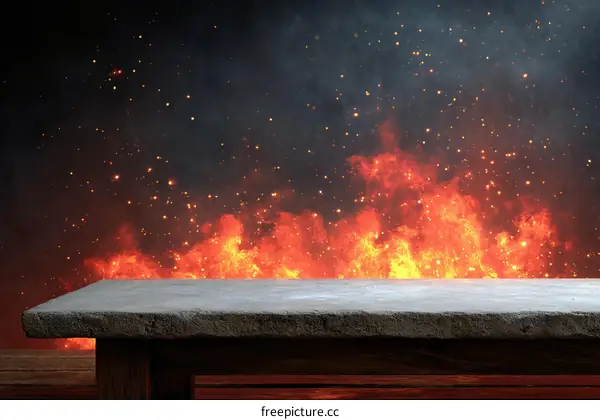 Fiery Tabletop Display Background with Stone Surface