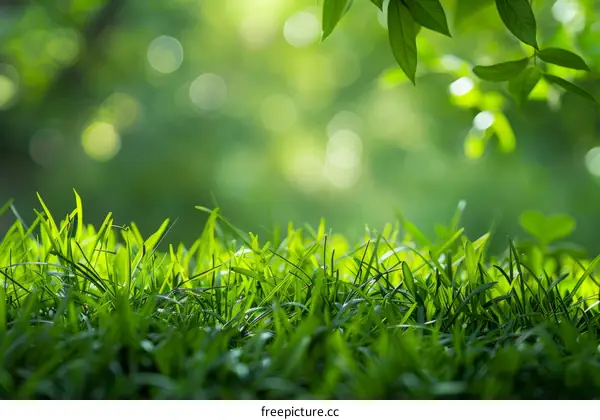 Green grass field with blurred trees and leaves in the background
