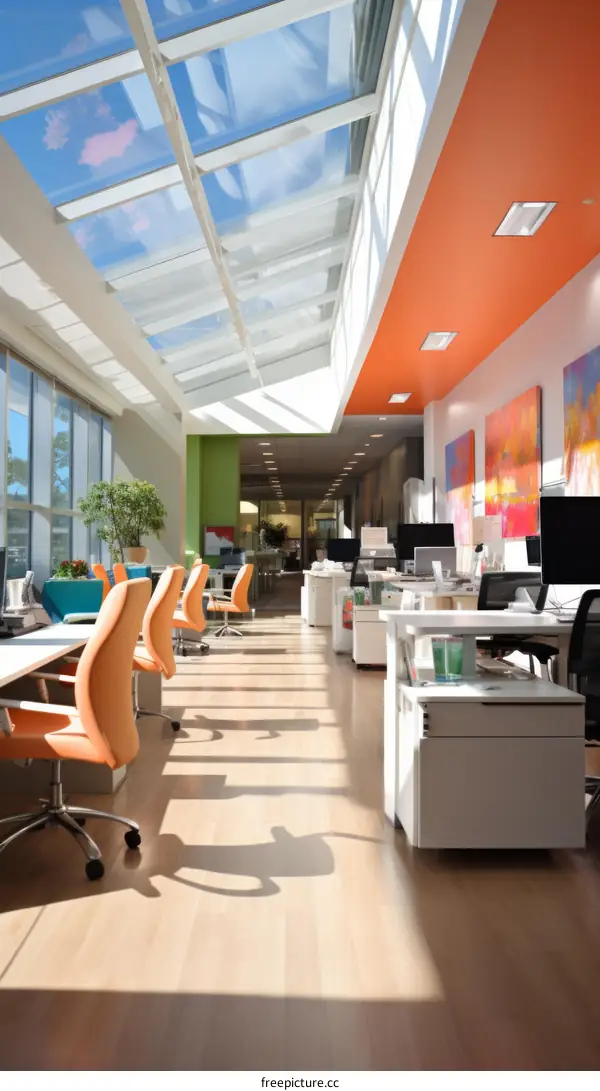 Open Office Space with High Ceilings and Ample Natural Light