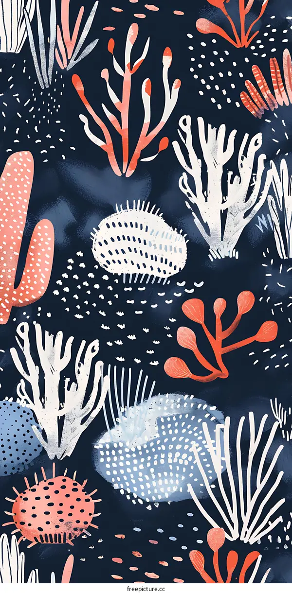 Abstract Coral Reef Illustration with Blue, White, and Red Colors