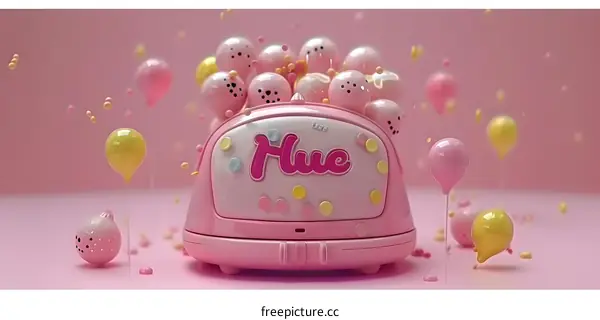 Pink 3D Rendered Illustration of a Balloon Filled Hue Device with Pink and Yellow Balloons