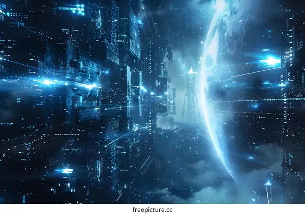 Blue and white illustration of a futuristic city with a moon in the background