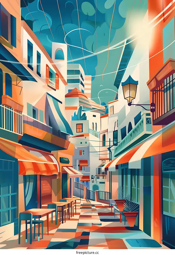 Colorful Illustration of a European City Street