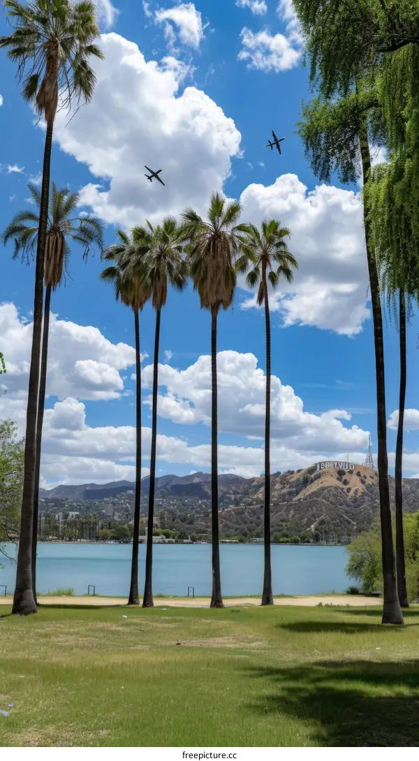 Palm trees on a sunny day with a lake and mountains in the background
