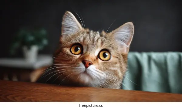 Cute Curious Cat Looking Over Wooden Table
