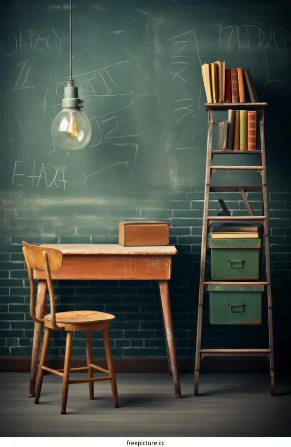 Vintage classroom chalkboard background with wooden desk and chair