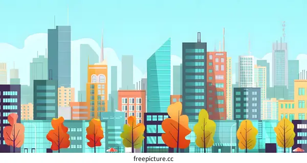 Beautiful Cityscape Skyline with Autumn Trees