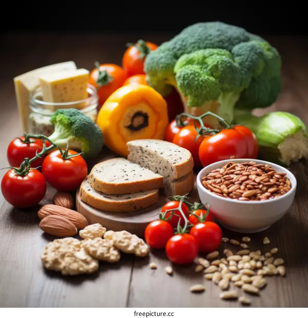 Healthy and Colorful Food Spread: Vegetables, Nuts, and Grains