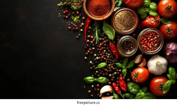 Assortment of Culinary Spices and Herbs on Dark Background