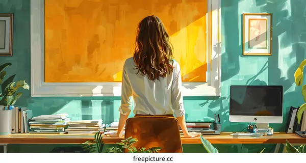 A woman standing in an office, looking out the window.