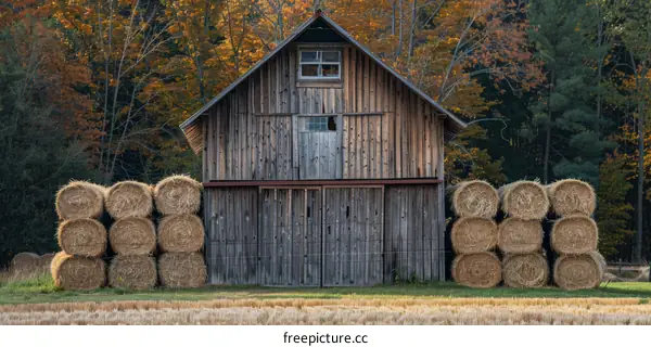 Rustic Old Barn in Autumn with Hay Bales