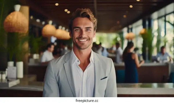 Portrait of a young businessman smiling in a restaurant