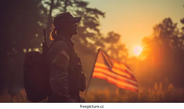 Female soldier standing at attention with an American flag in the background