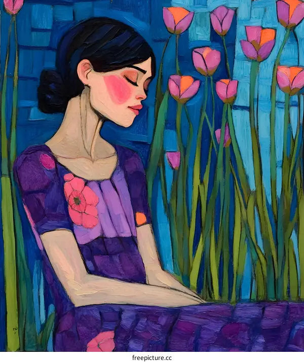 Woman Sitting With Closed Eyes Amidst Flowers