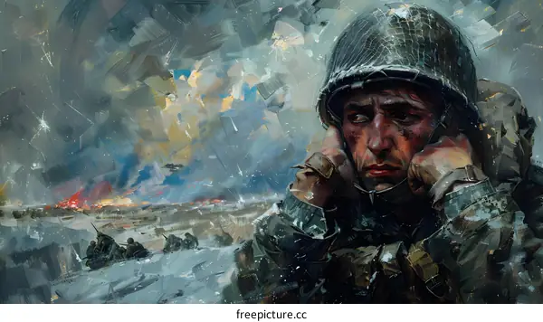 A soldier looks out at the battlefield during World War II.