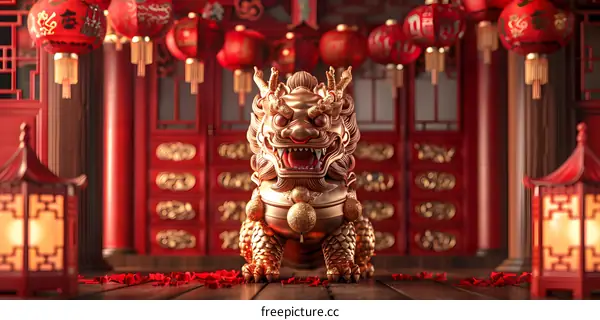 A golden lion statue in a traditional Chinese setting.
