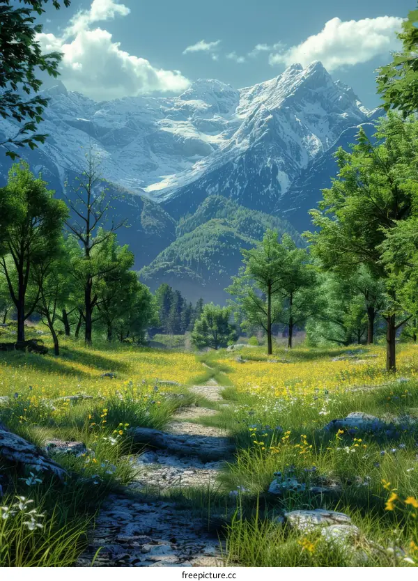 Snowy Mountain Peak with Lush Trees