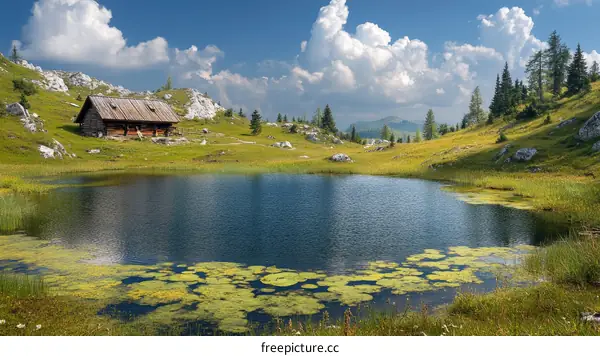 Alpine Lake Scene with Wooden Chalet