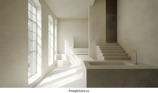 Minimalist White Interior Design with Large Windows and Stone Sink