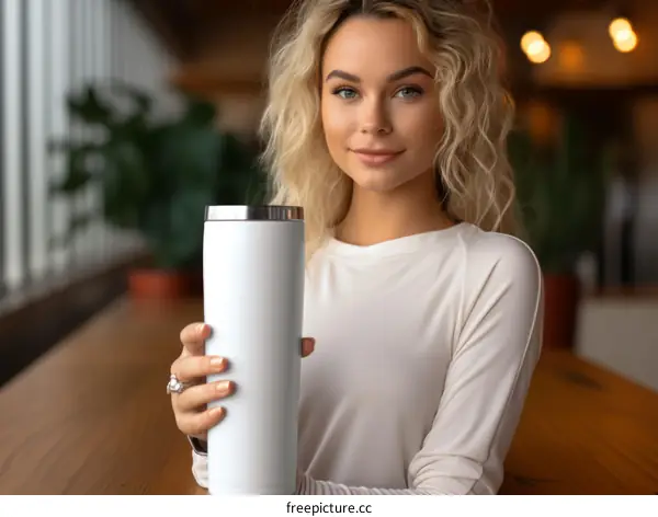 Blonde woman holding a white tumbler