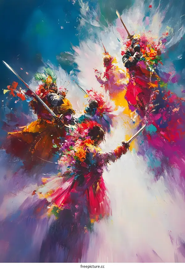 Painting of a Battle Scene with Swords and Flowers