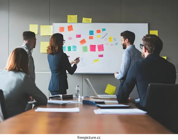 Business Meeting With Team Brainstorming on Whiteboard