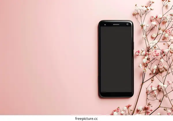 Black Smartphone on Pink Background with Flowers