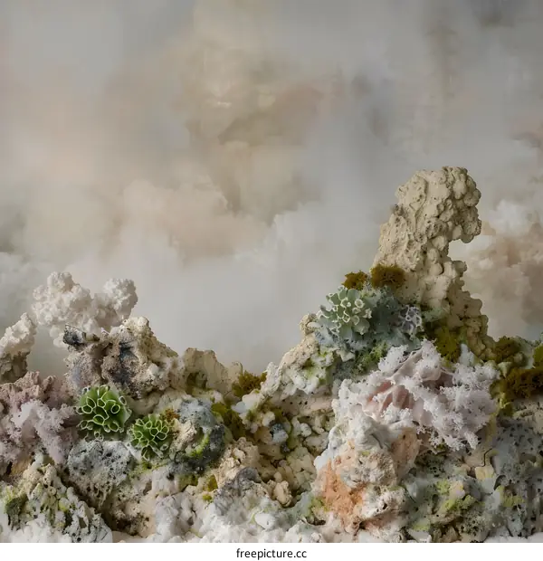 Abstract Art Of Coral Reef With Green Plants And Foggy Clouds