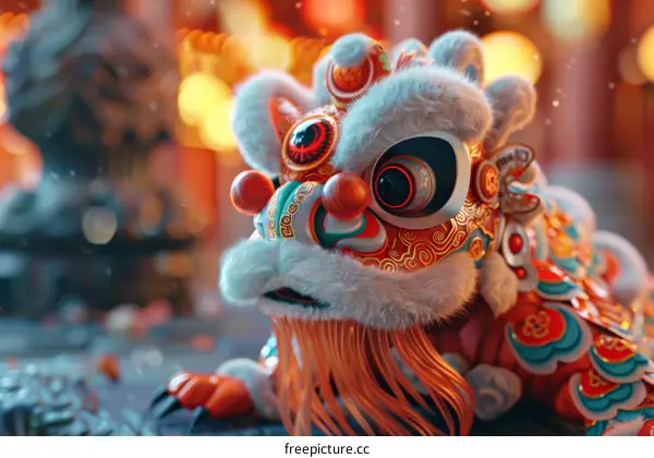 Lion Dance Head with Red and Gold Decorations