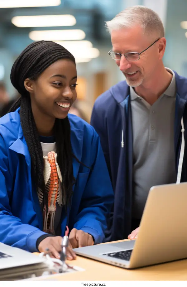 Black female student and her professor smile at each other while looking at something on a laptop.
