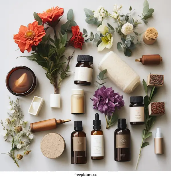 Eucalyptus, flowers and cosmetic products flat lay
