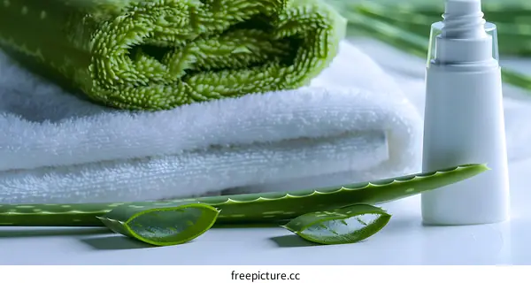 Aloe Vera Plant Leaf with Moisturizing Lotion and White Towel