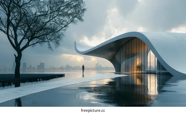 Modern architecture building with curved roof and glass walls near the lake