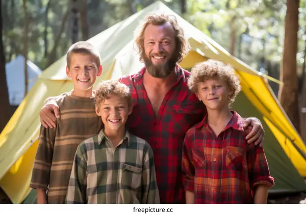Happy family camping together in the woods