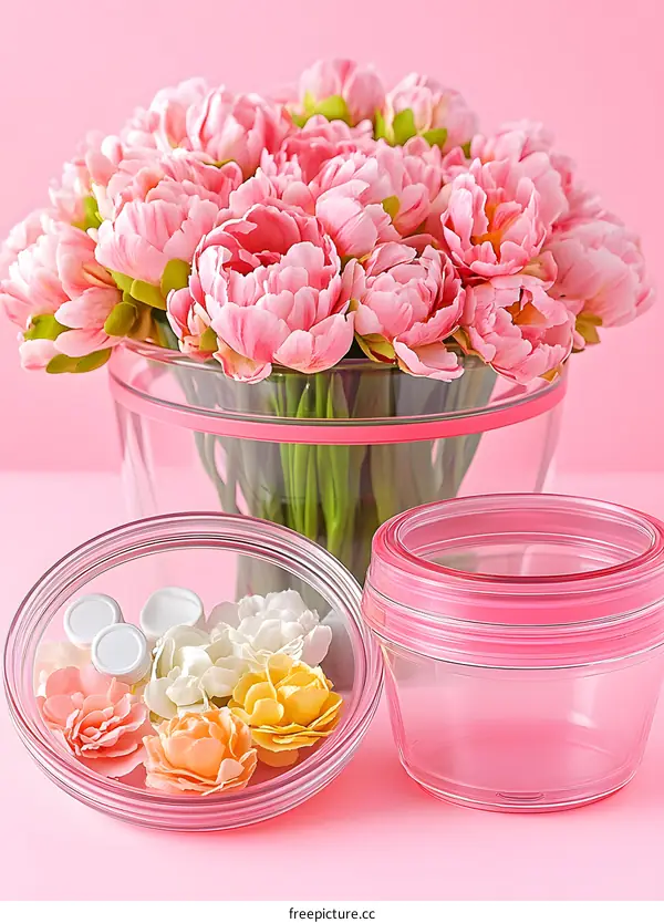 Pink Flowers in Glass Vase and Glass Jars on Pink Background