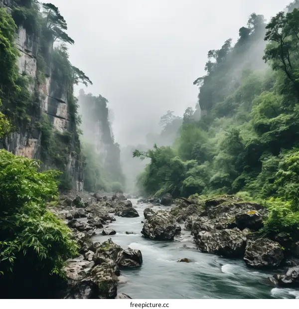 Asian river landscape with rocks, trees and fog